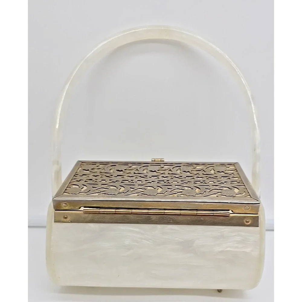 Vtg Tyrolene Lucite Purse Metal Filigree Single‎ Handle 1940's Mid Century Purse